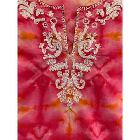 J Jill Women Top Tie Dye Pink Embroidered V Neck Boho Fairy Size MP Long Line - Picture 4 of 11